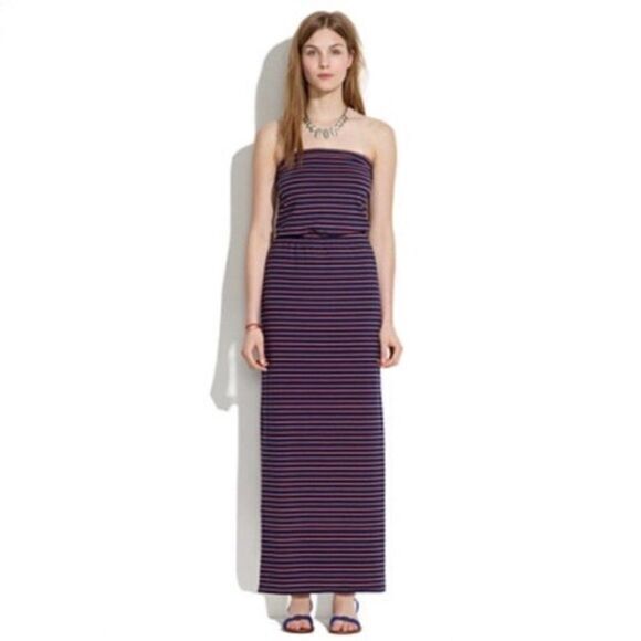 Madewell Striped Strapless Maxi Dress Slide Slits Navy & Pink Womens Siz… - Picture 1 of 7